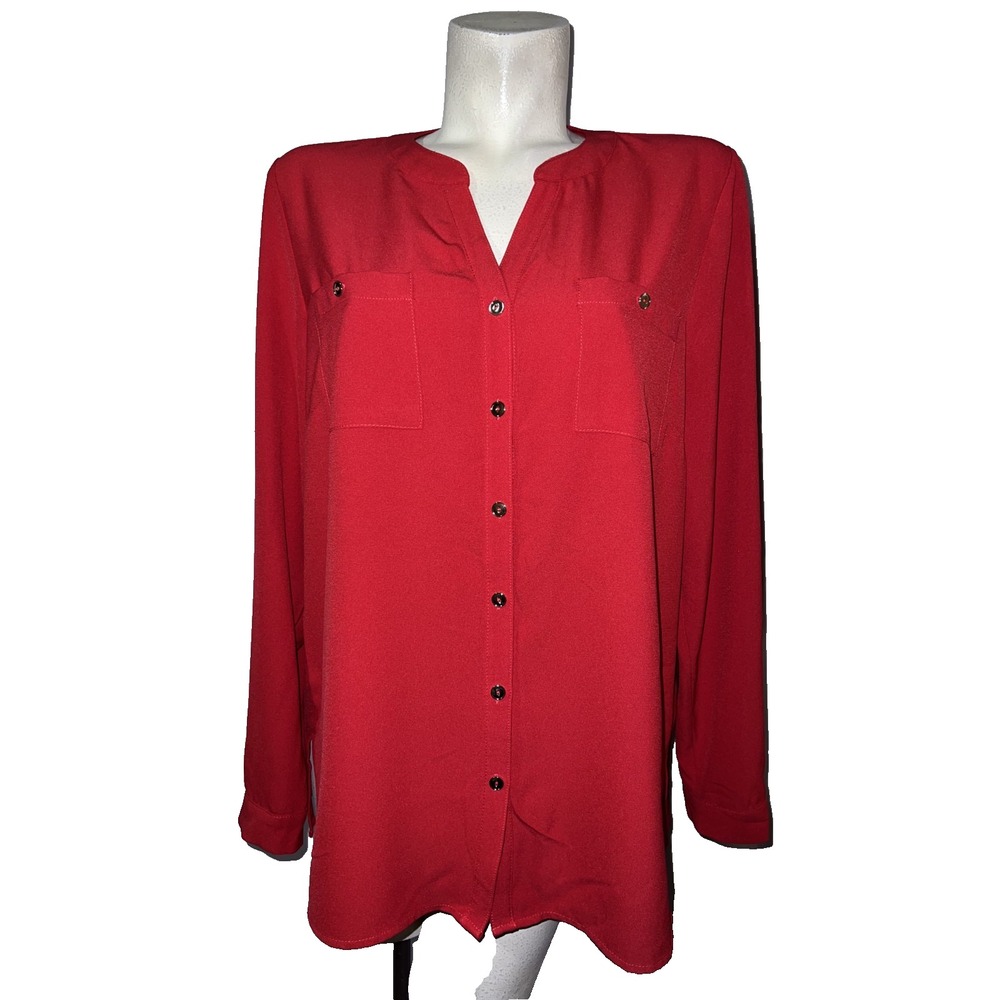 Susan Graver Red V-Neck Button Front Roll Tab Long Sleeve Top Size 12 A286471